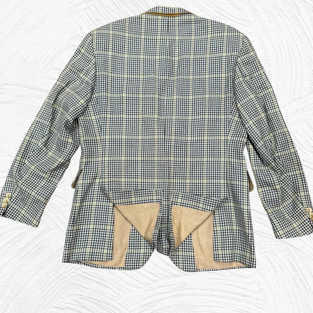 Daks London Blazer Men 42R Green Blue Cream Check Wool‎ Silk 3 Roll 2 Windowpane